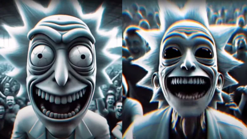 Ai Rick Laughing — AI-generated image of two distorted faces with exaggerated diabolical grins and wide-open mouths in white and grey tones against blue-black