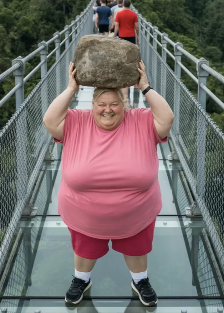 AI Slop — Woman holding rock above head on glass bridge with trees below