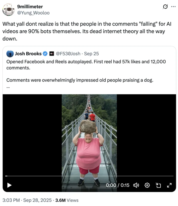 AI Slop — Twitter post analyzing how bots interact with viral AI-generated video content