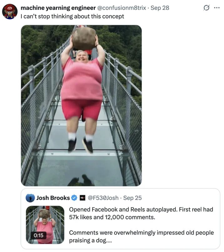 AI Slop — Twitter post commenting on AI-generated concept of woman holding rock on bridge