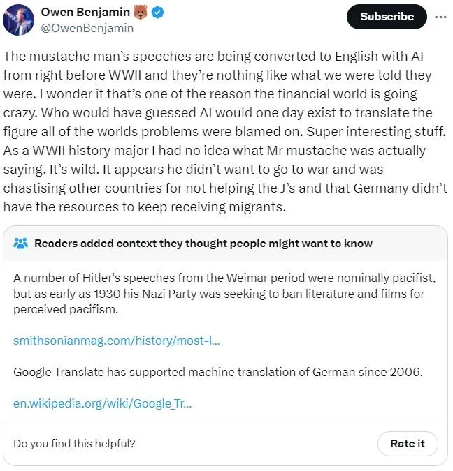 Ai Translated Hitler Speeches — Owen Benjamin's extended Twitter commentary analyzing AI-translated Hitler speeches and historical accuracy.
