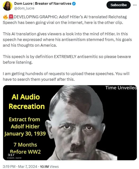 Ai Translated Hitler Speeches — Twitter post by Dom Lucre discussing AI-translated Hitler Reichstag speech with Time Unveiled AI Audio Recreation graphic.