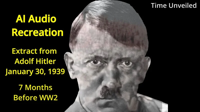 Ai Translated Hitler Speeches — Black and white portrait of Adolf Hitler with yellow text identifying AI audio recreation from January 30, 1939 by Time
