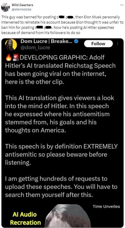 Ai Translated Hitler Speeches — Twitter thread screenshot with multiple user reactions and commentary on viral AI-translated Hitler speeches phenomenon.