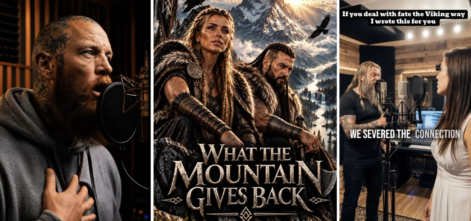 AI Viking Rap — Three-panel image of a Viking-styled singer at a mic, an AI-generated 'What the Mountain Gives Back' album cover, and a studio duet with