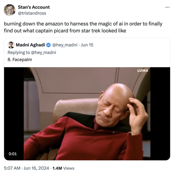 Ai Vines Dream Machine Luma Ai Extended Memes — The iconic Star Trek Facepalm meme extended into animation using Luma AI Dream Machine tool.