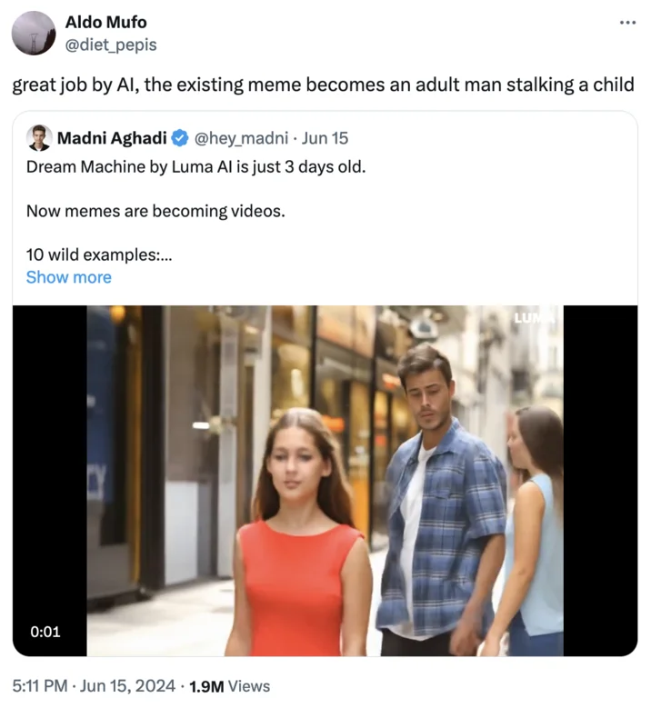 Ai Vines Dream Machine Luma Ai Extended Memes — Screenshot from Madni Ahadi thread showing Luma AI Dream Machine transforming static meme into animated street