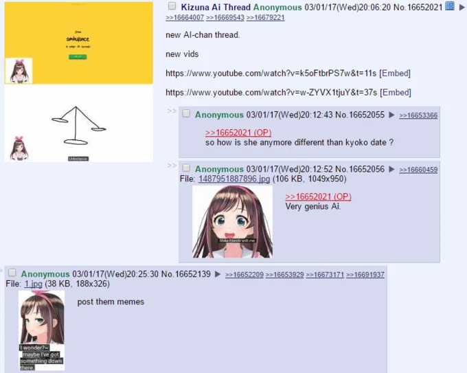 Aichannel Ai Kizuna — 4chan thread screenshot discussing Kizuna AI with fan artwork
