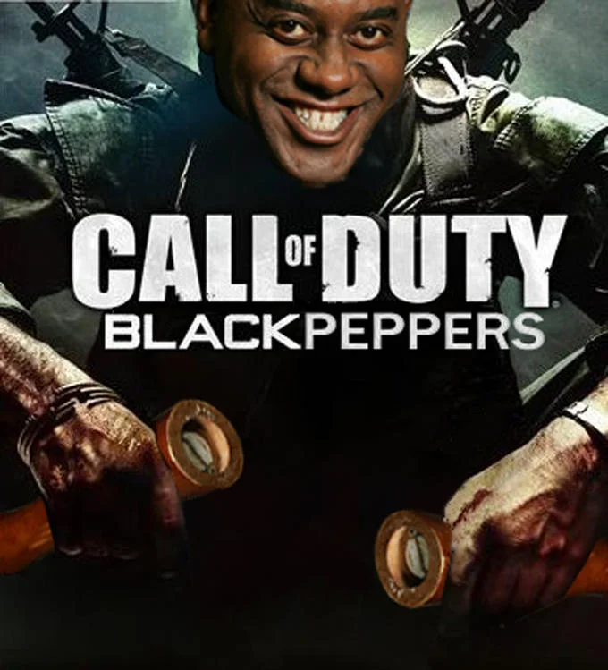 Parody Call of Duty Black Peppers cover featuring Ainsley Harriott holding pepper grinders