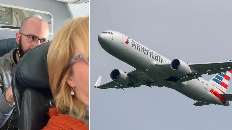 Composite image of airline passenger punching reclined seat on American Airlines flight, with aircraft shown on right side.