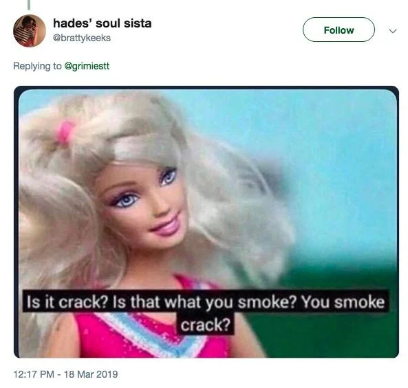 Airplane Toilet Licking Video — Tweet with Barbie doll meme reading 'Is it crack? Is that what you smoke? You smoke crack?'