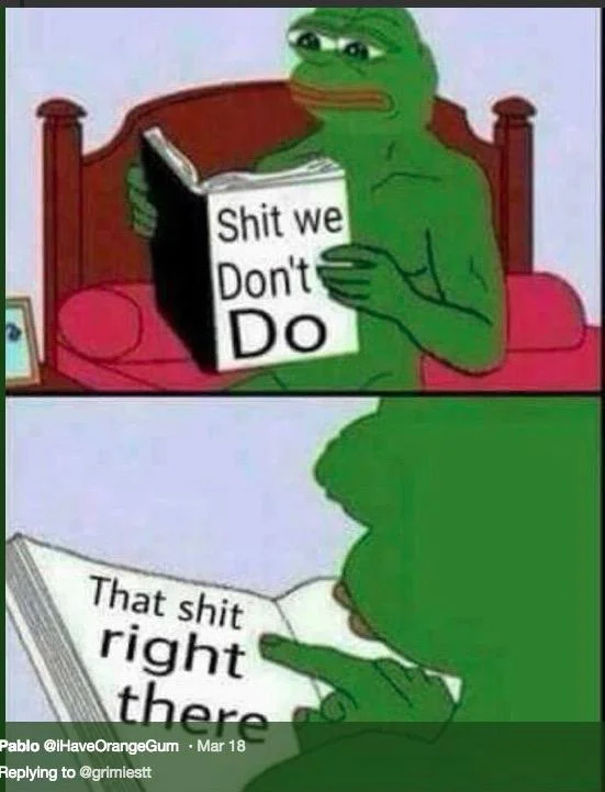 Airplane Toilet Licking Video — Pepe the Frog meme reading 'Shit we Don't Do' then pointing at 'That shit right there'.