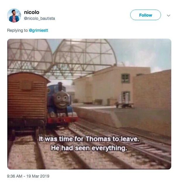 Airplane Toilet Licking Video — Tweet showing Thomas the Tank Engine captioned 'It was time for Thomas to leave. He had seen everything.'