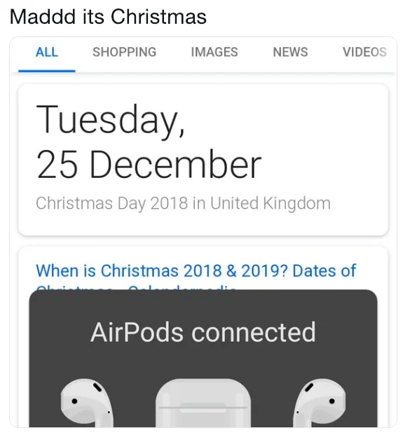 Airpod Flexing — Tweet showing Christmas date search with AirPods connected popup