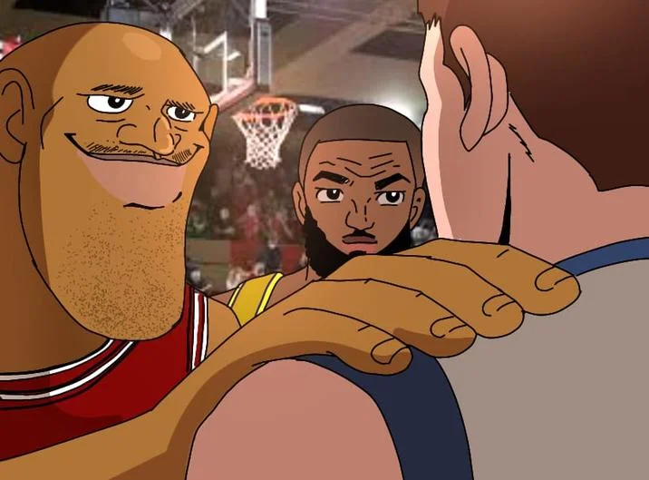 Man Putting Hand On Shoulder — Basketball-themed Akakichi no Eleven redraw with players on court