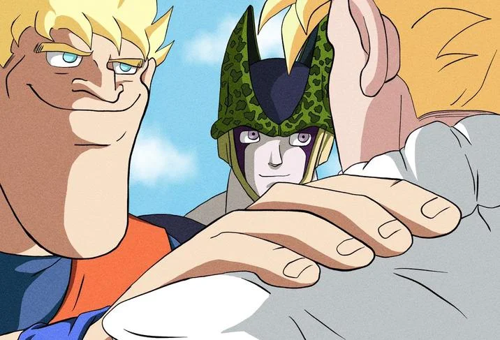 Man Putting Hand On Shoulder — Dragon Ball Z redraw with Goku, Cell, and Vegeta in Akakichi no Eleven pose