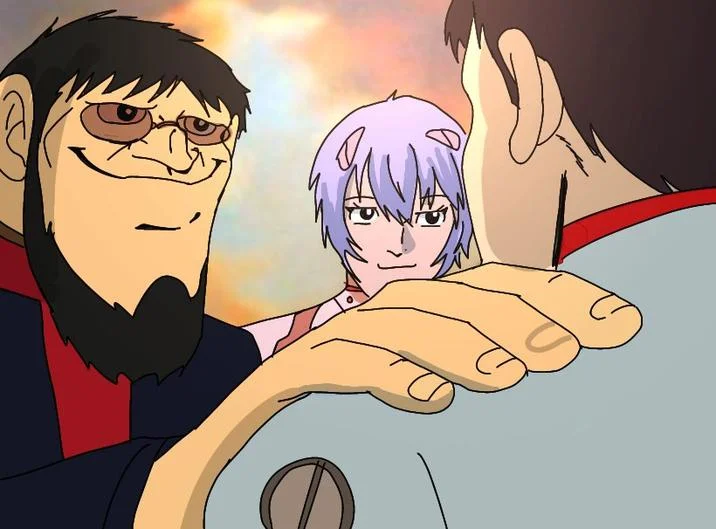 Man Putting Hand On Shoulder — Evangelion redraw with Gendo Ikari and Rei Ayanami in Akakichi no Eleven pose