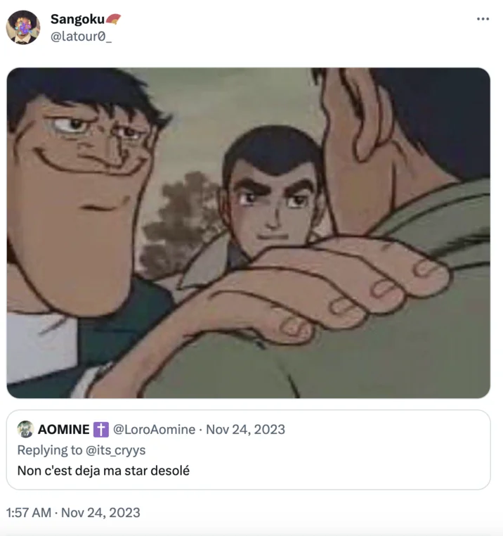 Man Putting Hand On Shoulder — Twitter screenshot showing original Akakichi no Eleven scene with French reply