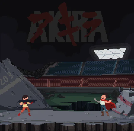 Pixel art animated GIF of Akira stadium confrontation scene
