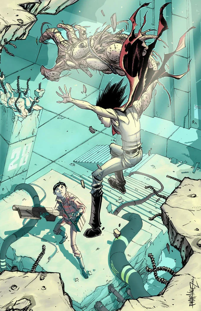 Akira fan art of Tetsuo mutating with Kaneda watching below