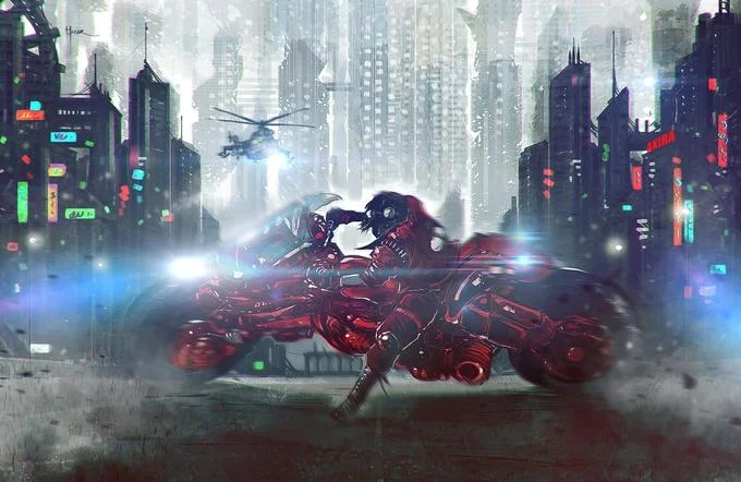 Akira — Kaneda riding his red bike through Neo-Tokyo cyberpunk fan art