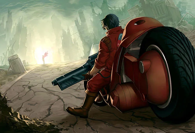 Akira fan art Kaneda on bike watching Tetsuo in ruined Neo-Tokyo