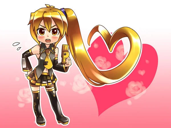 Chibi Akita Neru with ponytail curved into a heart shape, holding a yellow phone.