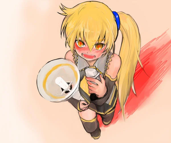 Fan art of Akita Neru holding a megaphone with a grin.