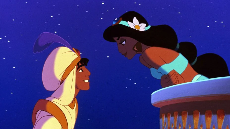 Animated Aladdin looking up at Princess Jasmine leaning over a balcony at night