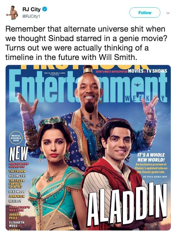 Tweet joking Sinbad genie Mandela effect actually predicted Will Smith Aladdin
