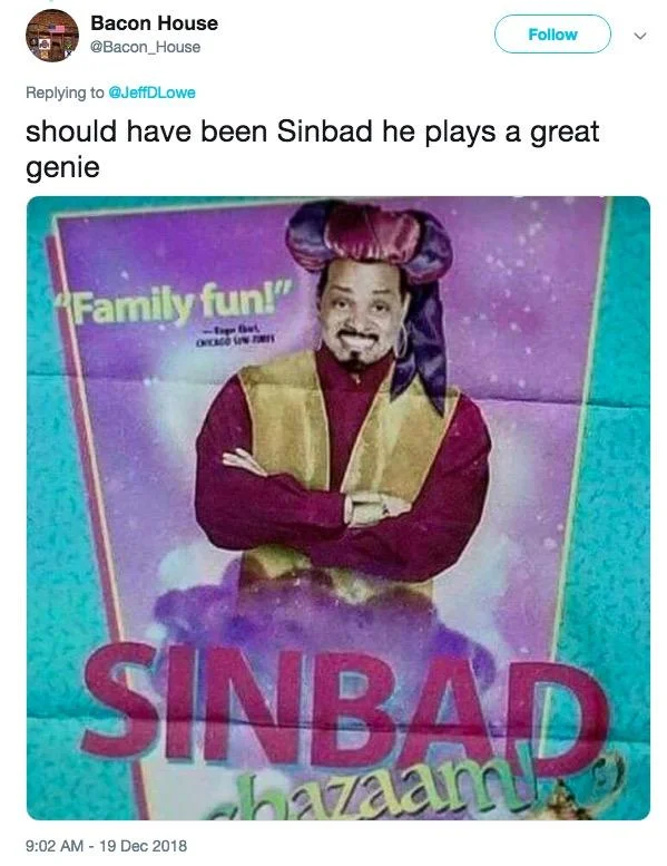 Aladdin — Tweet with fake Sinbad Shazaam genie movie poster