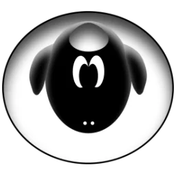 Minimalist circular logo depicting Albino Blacksheep mascot: black oval with white parenthetical marks and dots.
