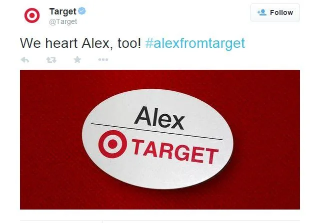Alex From Target — Official Target tweet with Alex name badge image and hashtag alexfromtarget