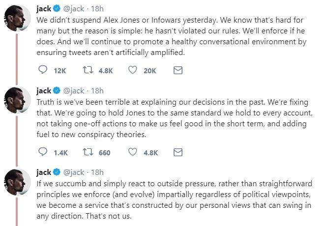 Alex Jones — YouTube policy statement about terminating accounts for hate speech violations