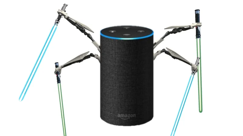 Alexa Intruder Alert — Amazon Echo speaker with four lightsaber-wielding robotic arms