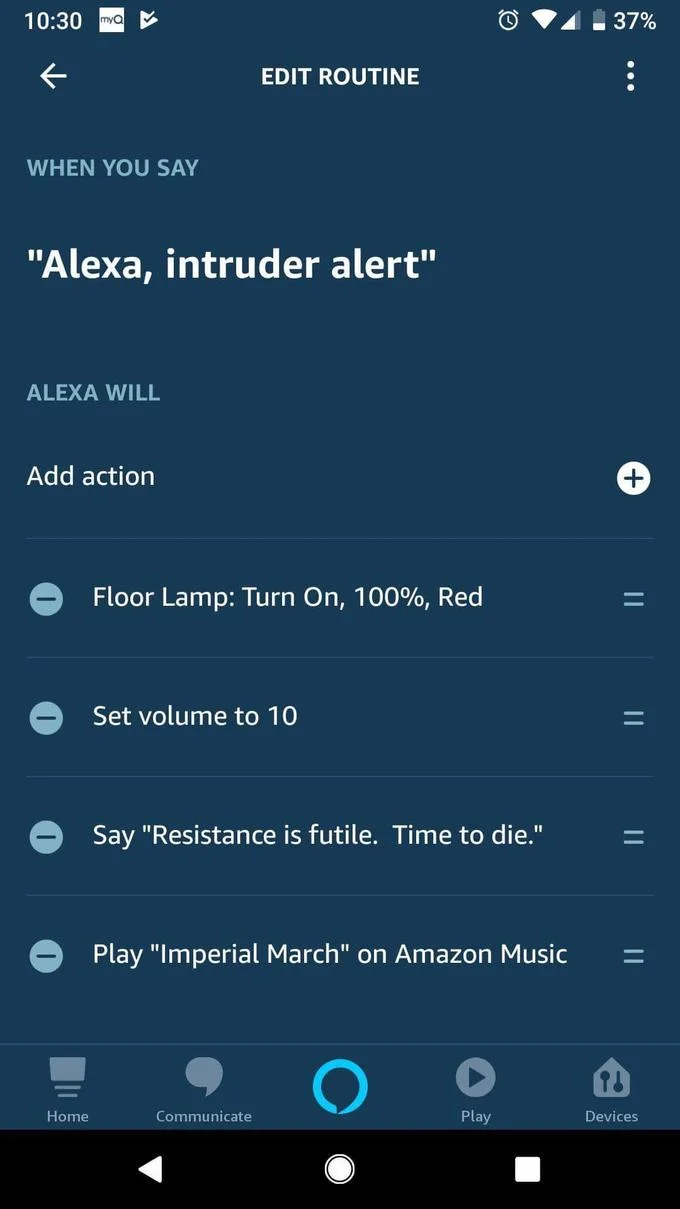 Alexa Intruder Alert — Alexa routine screenshot triggered by 'Alexa, intruder alert' playing Imperial March