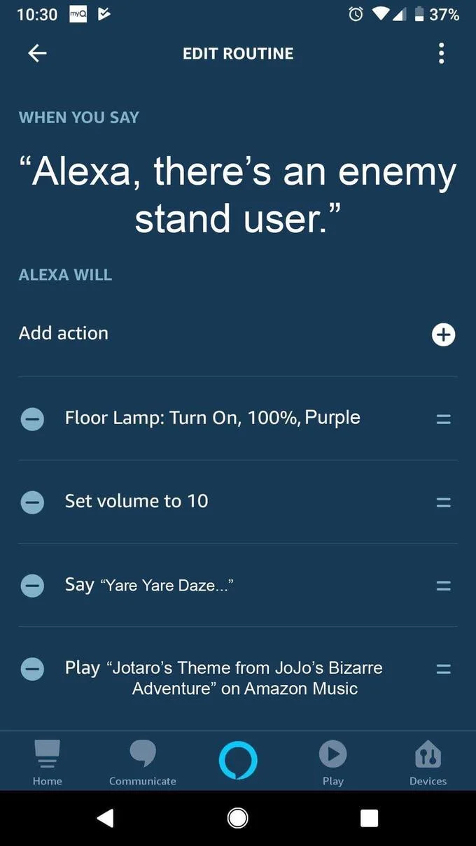 Alexa Intruder Alert — Alexa routine with JoJo's Bizarre Adventure stand user reference