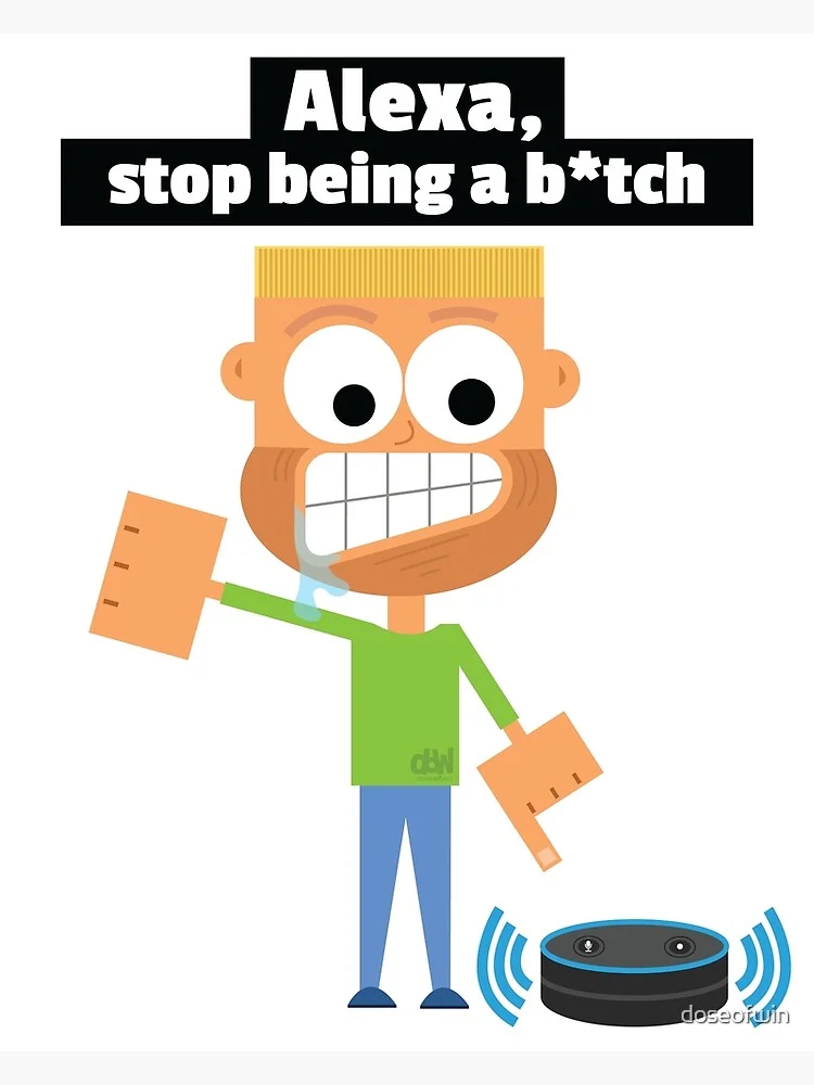 Alexa Wrong Command — Cartoon character frustrated next to Echo speaker with text "stop being a b*tch"