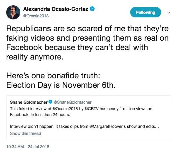 Alexandria Ocasio Cortez — AOC tweet calling out fake CRTV interview video