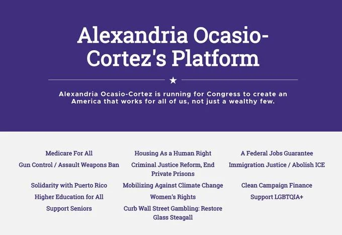 Alexandria Ocasio Cortez — Alexandria Ocasio-Cortez campaign platform infographic on purple background