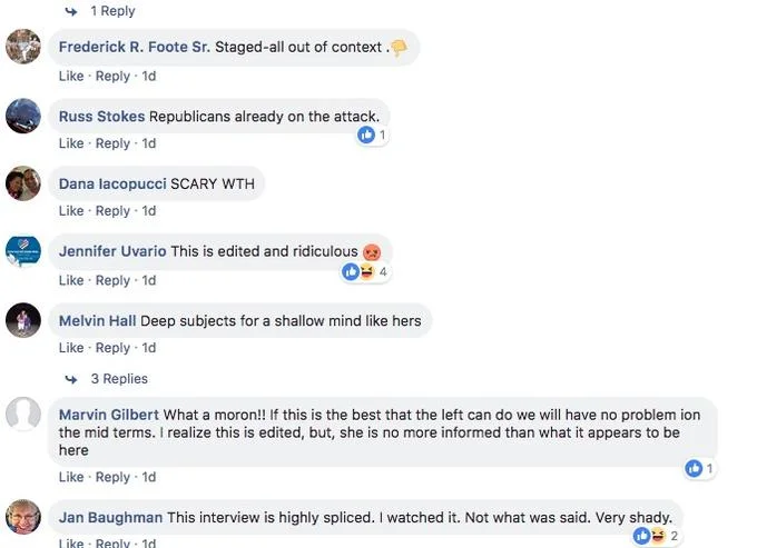 Alexandria Ocasio Cortez — Facebook comments reacting to an edited AOC video