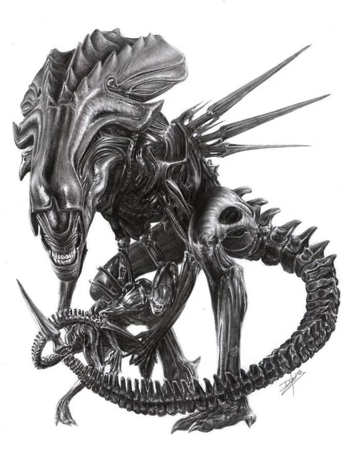 Pencil drawing of the Alien Queen and a Xenomorph