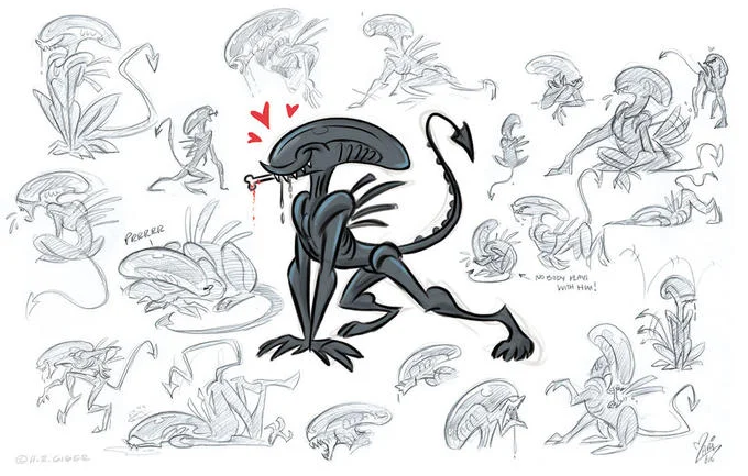 Alien — Cute cartoon sketch collage of Xenomorph in playful poses
