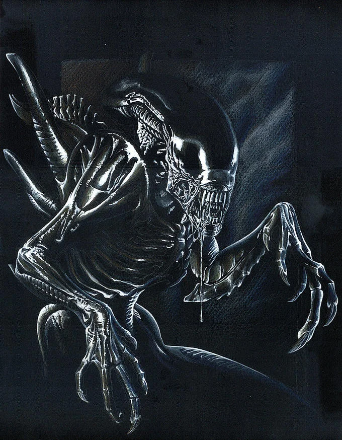 Alien — Black and white painting of Xenomorph with extended inner jaw