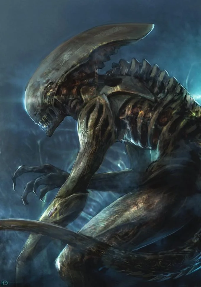 Alien — Digital illustration of a hunched Xenomorph in blue lighting