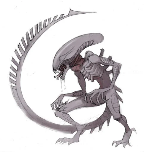 Alien — Cartoon-style drawing of Xenomorph with long curved tail