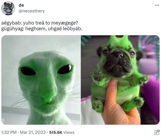 Alienposting Zeep Glorp — Twitter screenshot introducing 'geeble' the green alien pug, posted by @redshibe_