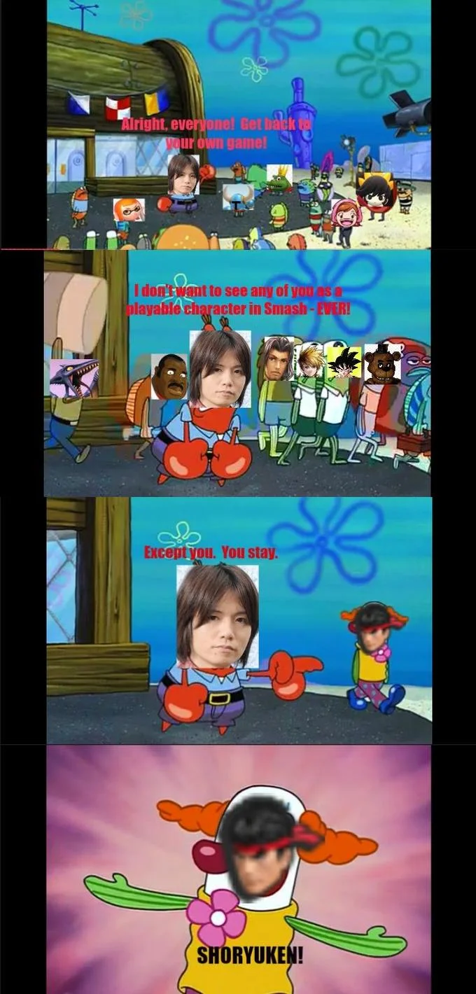 All of You, Get Out! Except You, You Stay — Four-panel SpongeBob meme with Sakurai faces replacing Smash Bros characters, with a Shoryuken bonus panel.