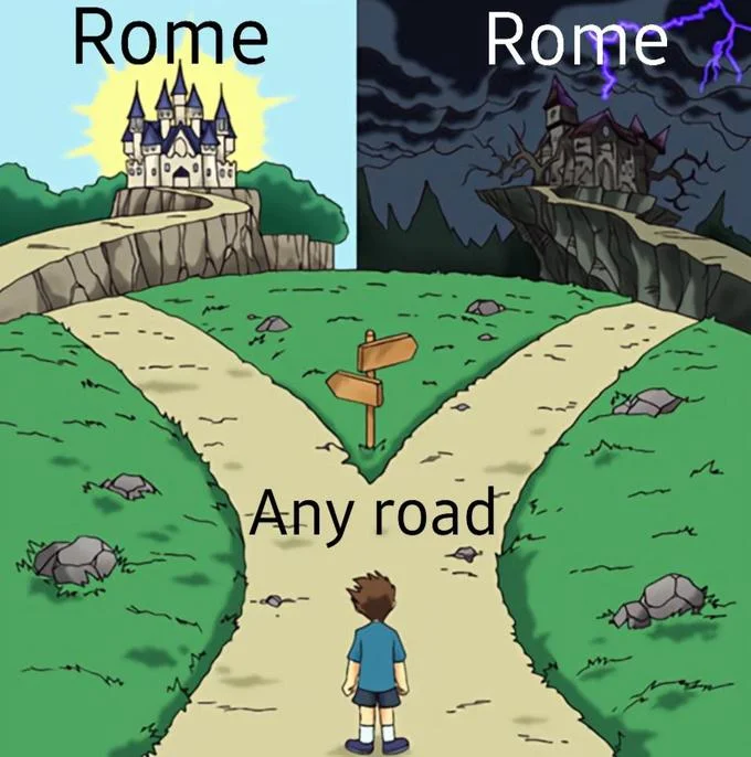 All Roads Lead To Rome — Stylized cartoon split-screen showing Rome castle and child at crossroads with converging paths.