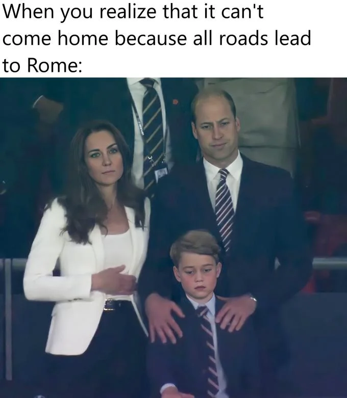 All Roads Lead To Rome — Formal photograph of three professionals with overlaid caption about impossibility of coming home.